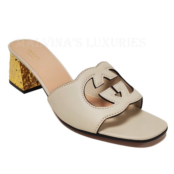 GUCCI SHOES INTERLOCKING G LOGO CUT OUT WHITE LEATHER MULES SANDALS sz 42 12 - Picture 8 of 15